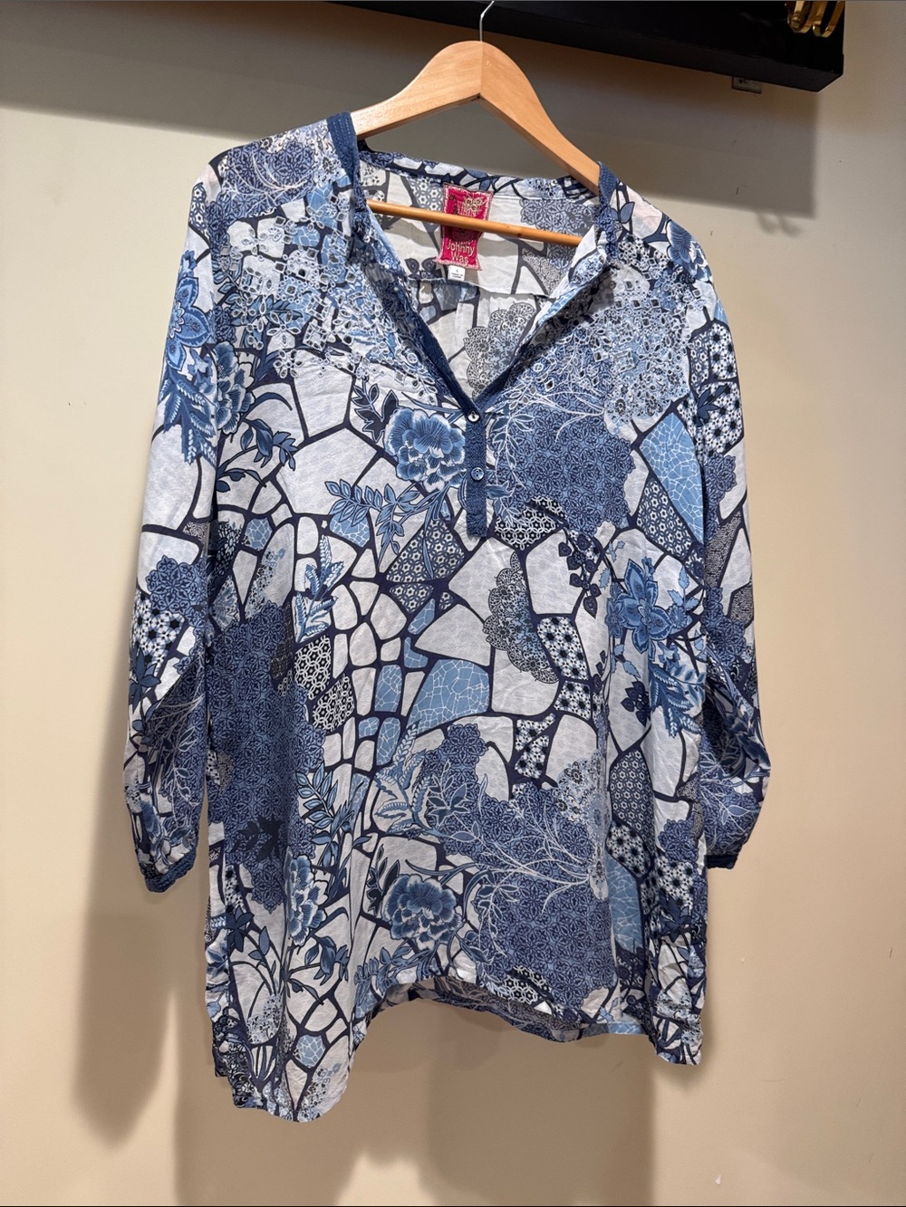 Johnny Was Blue Mosaic Patchwork V-Neck Tunic